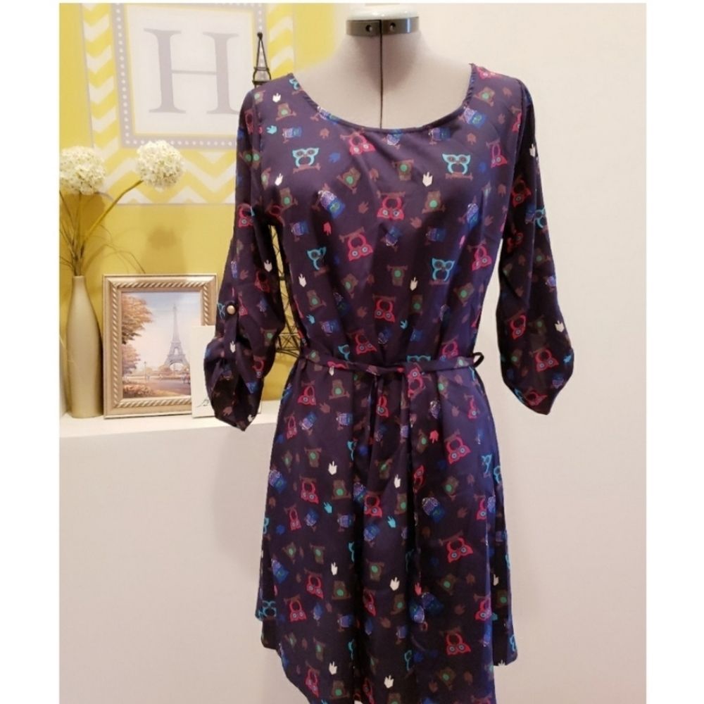 Black Bead Colorful Owl Print Purple Midi Dress Women's Size Medium
